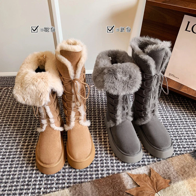 厚底雪地靴女冬季加绒加厚保暖防滑时尚中筒靴毛毛靴系带2025
