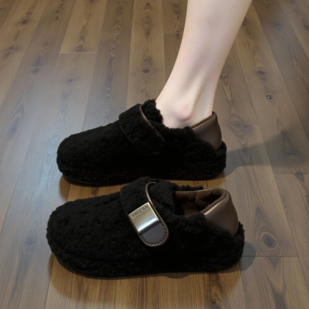 黑色羔羔绒厚底毛毛鞋女秋冬2025新款一脚蹬欧货外穿豆豆雪地棉鞋