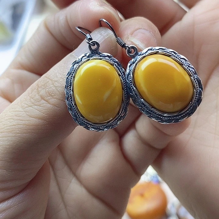 银S925镶嵌蜜蜡耳饰蜜蜡耳坠