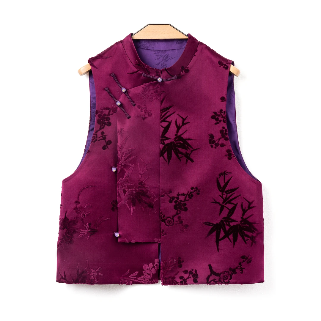 竹影兰花| 新中式国风漳绒桑蚕丝立领侧襟气质盘扣马甲复古马夹