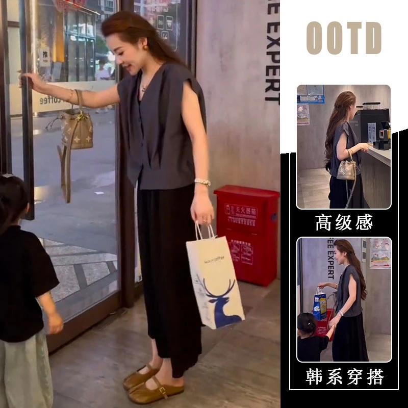 2025夏装外穿法式时尚套装高腰宽松背心上衣气质阔腿裤韩系两件套