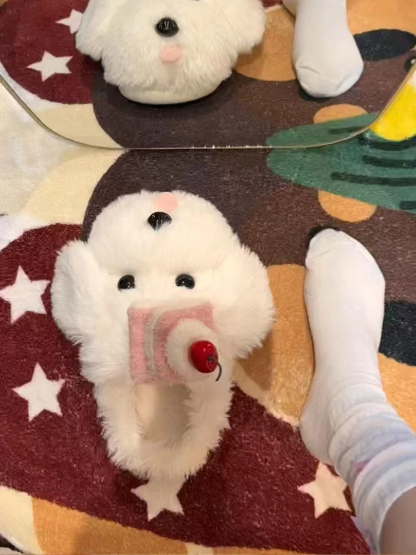 2025秋冬新款外穿防滑棉拖鞋包头拖鞋可爱卡通蛋糕小狗毛毛拖鞋女