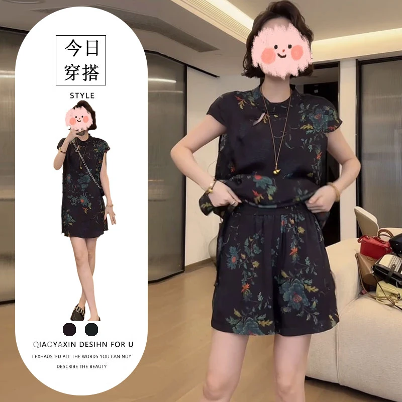 2025夏极简百搭温婉气质新中式国风牡丹花时尚松紧腰短裤两套装女