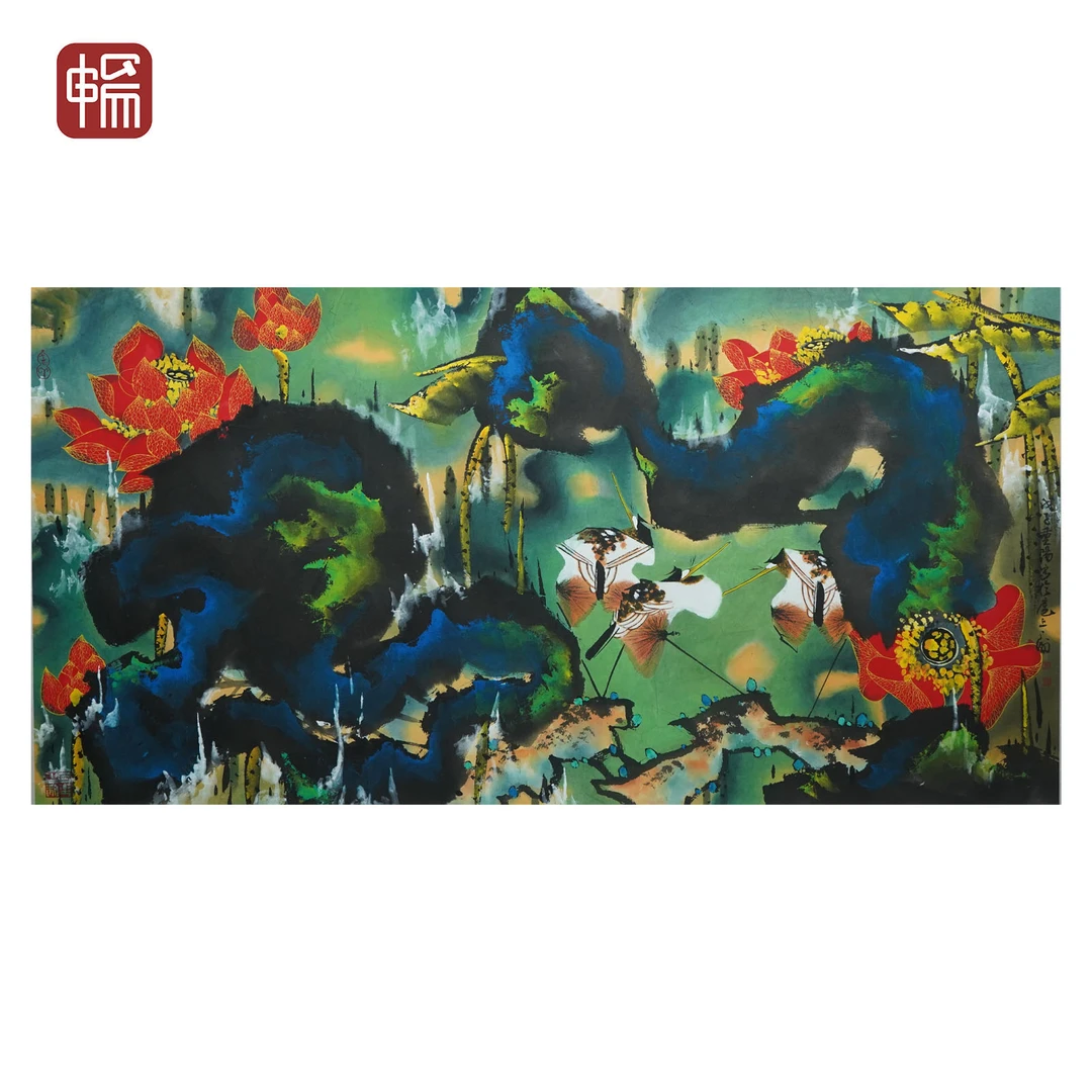 B120 2008年作《泼彩荷花》韩天衡135*68（8.26平尺）纸本镜片  YM