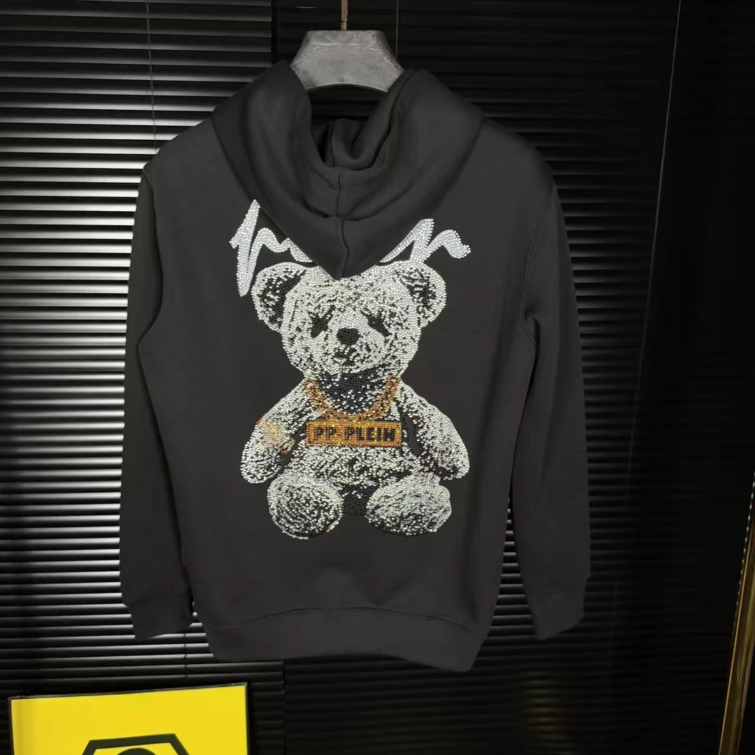 高品质欧货潮牌小熊烫钻秋冬时尚重工印花男款上衣连帽卫衣W9010