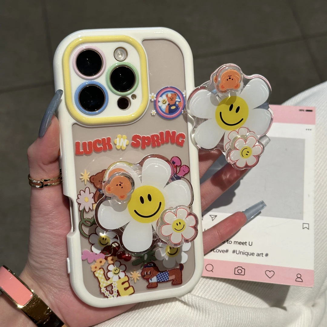 夕与空涂鸦雏菊花朵转转支架适用苹果16promax手机壳华为vivo小米