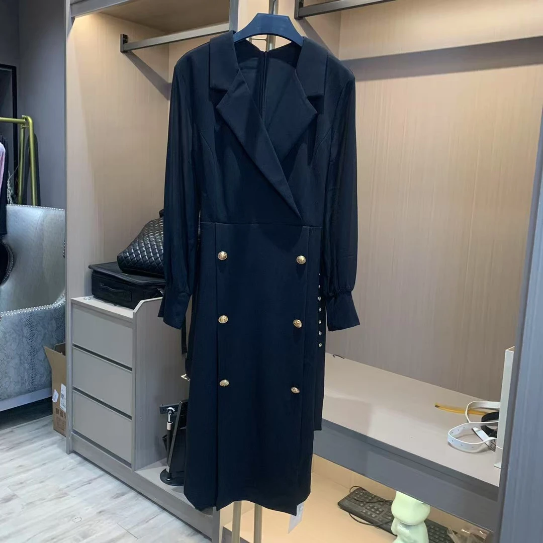 双排扣时尚西装领高腰连衣裙设计师简约女士百搭女装中长款