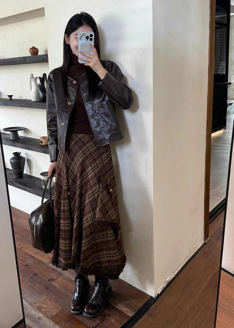 C2266#秋季新款高级感复古套装气质皮衣外套搭不规则半身裙两件套