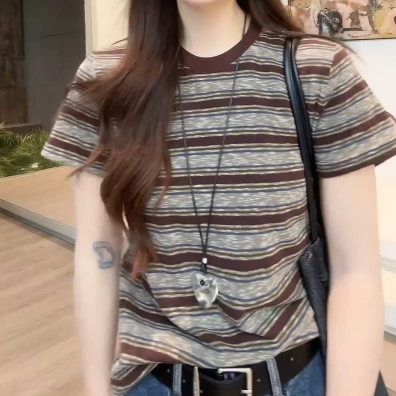 美式复古宽松慵懒舒适圆领撞色条纹短袖T恤LK2505447