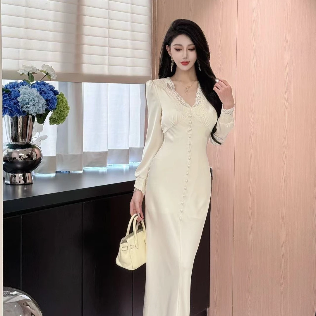 连衣裙泡泡袖吊带长款长裙白色收腰常规复古斜肩显瘦春季24281