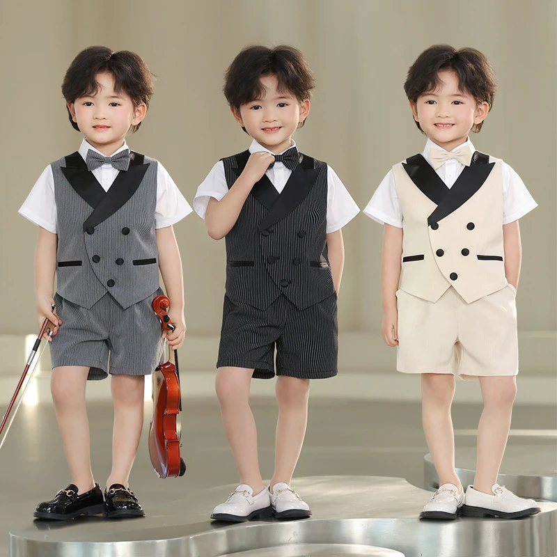 男童短袖马甲西装套装2025新款宝宝生日衣服儿童夏季礼服花童婚礼