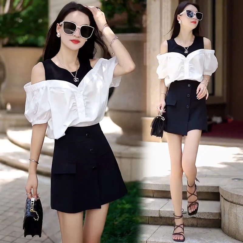 网红气质时尚套装女洋气露肩设计黑纱连衣裙风格夏季拼色短袖套装