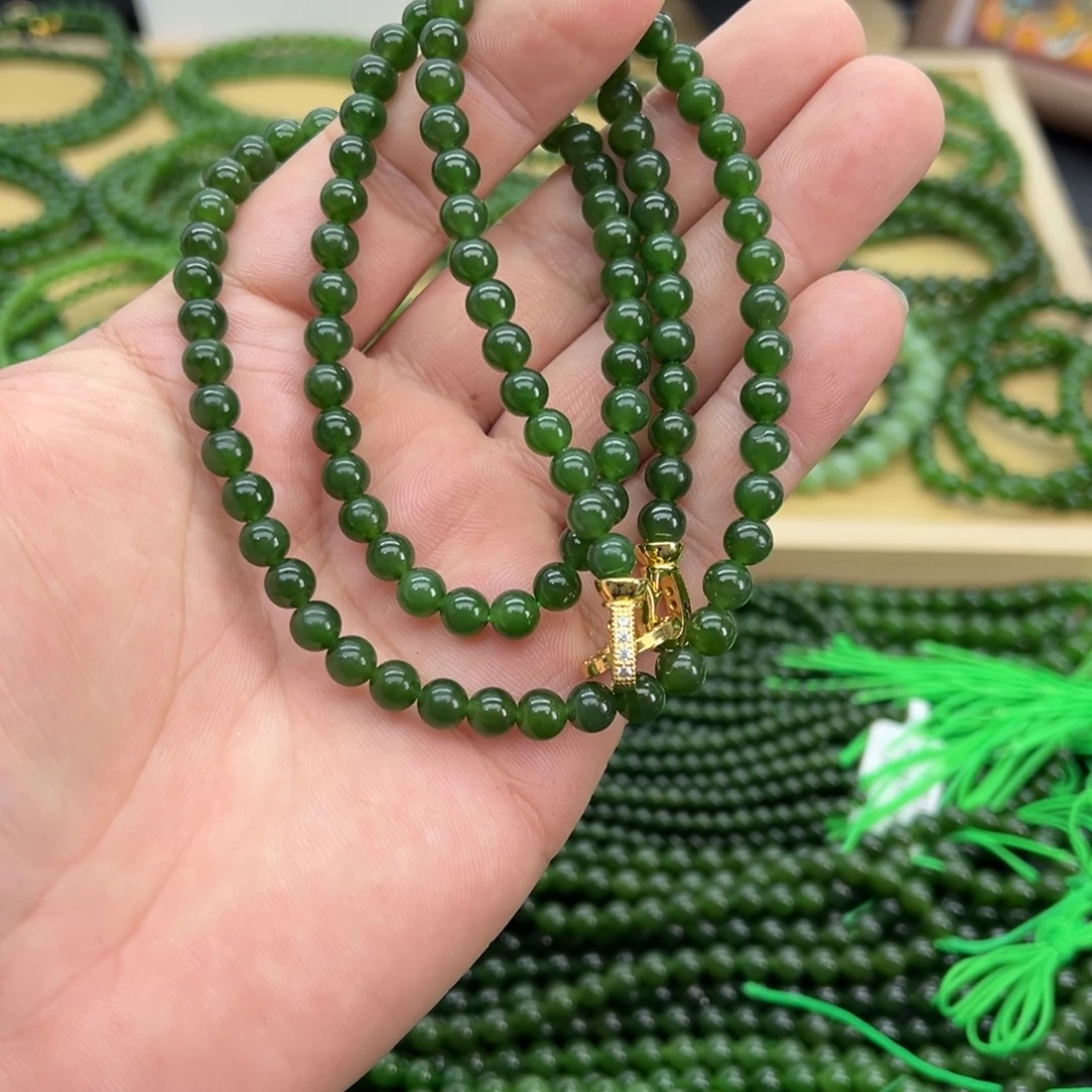 和田玉（碧玉）未镶嵌颈饰卡6 菠菜 微黑 108颗