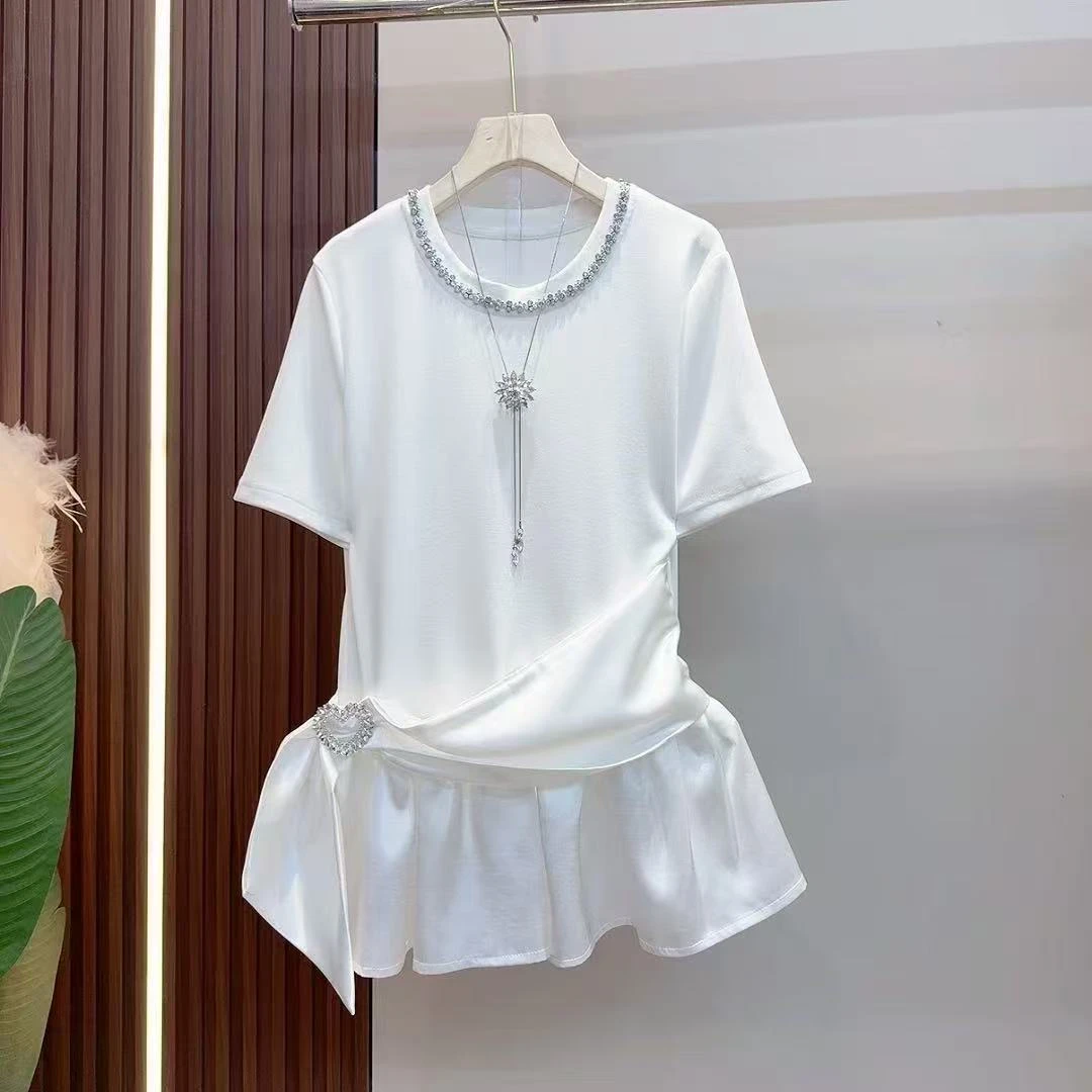 欧货时尚气质拼接不规则显瘦收腰百搭女人味上衣