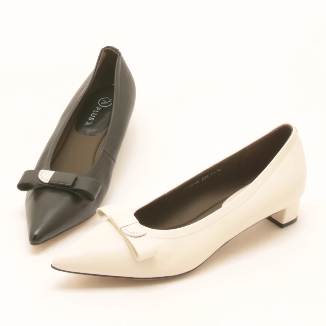 7260早秋新款粗跟单鞋女真皮尖头蝴蝶结扣浅口舒适百搭低跟女鞋