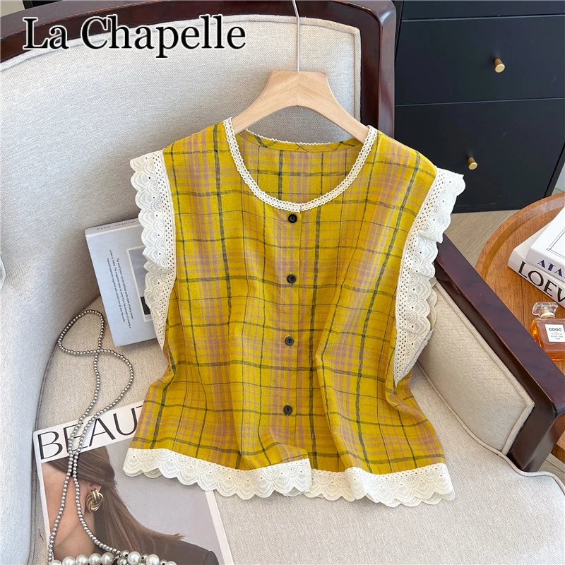 拉夏贝尔法式复古蕾丝花边拼接撞色格子衬衫百搭宽松显瘦减龄上衣