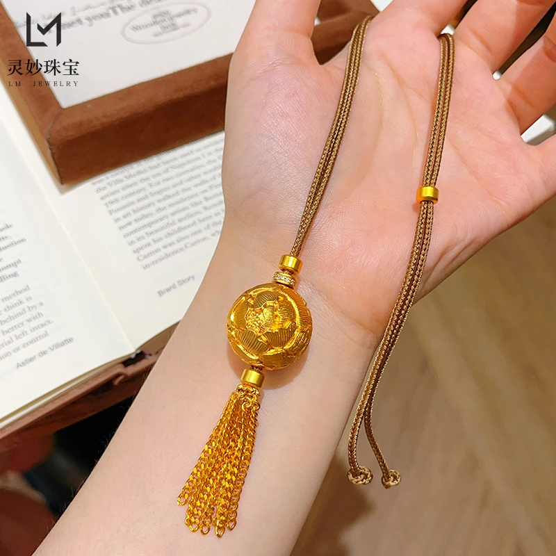 铜合金布艺吊坠 新中式錾刻牡丹绣球流苏吊坠项链国风送女友礼物