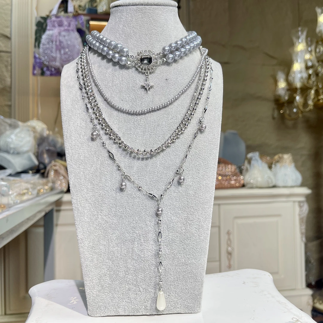 铜合金玻璃项链 【26075】瑾瑟时尚灰色异域风项链多层气质轻奢百搭