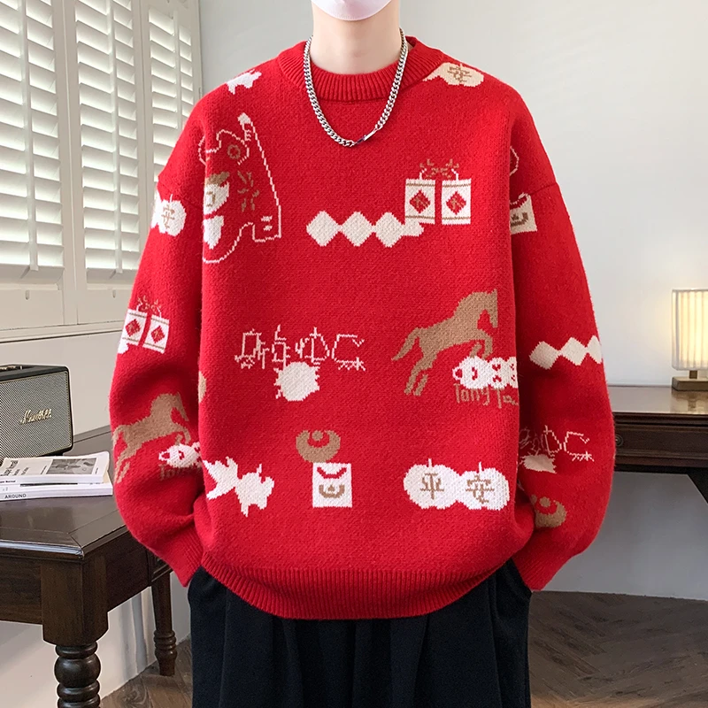 红色圆领毛衣男秋冬季青少年新款休闲百搭针织衫学生冬装毛线衣潮