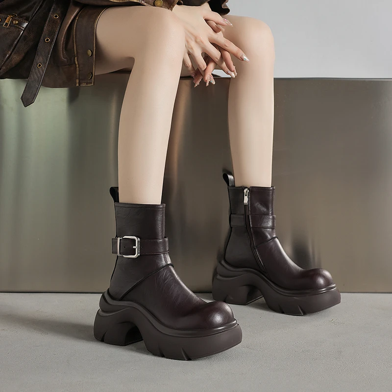 7cm小个子百搭粗跟厚底短靴英伦风圆头高跟复古女靴休闲秋冬单靴