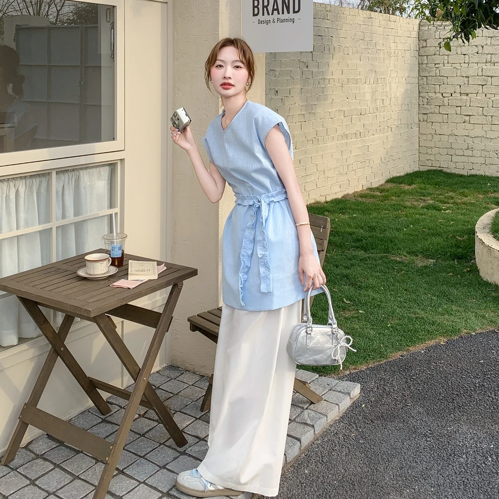 氛围感无袖背心上衣阔腿裤套装两件套女夏法式气质显瘦一整套穿搭