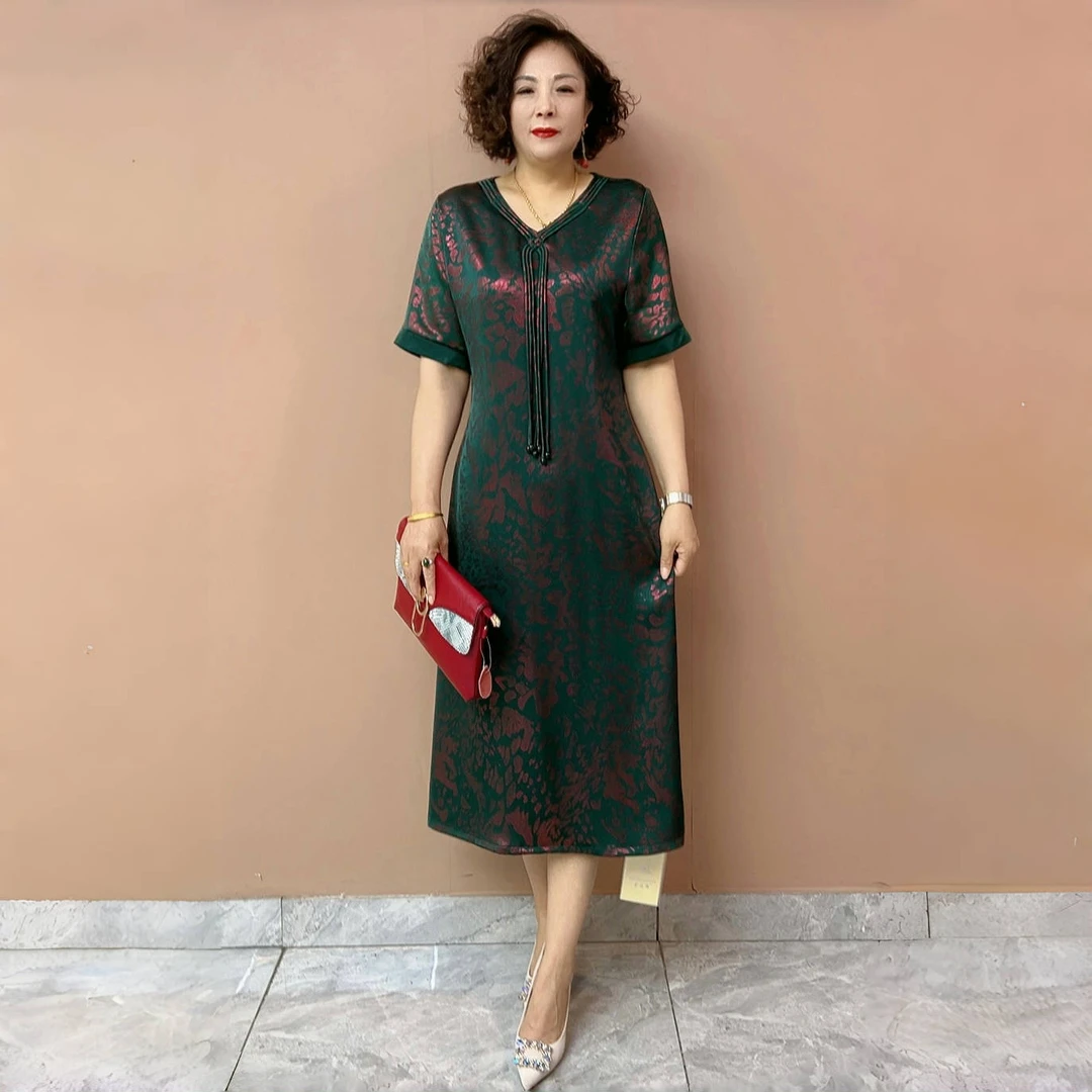 国风夏季高端遮肚短袖中老年妈妈连衣裙时尚洋气大码遮肉气质长裙