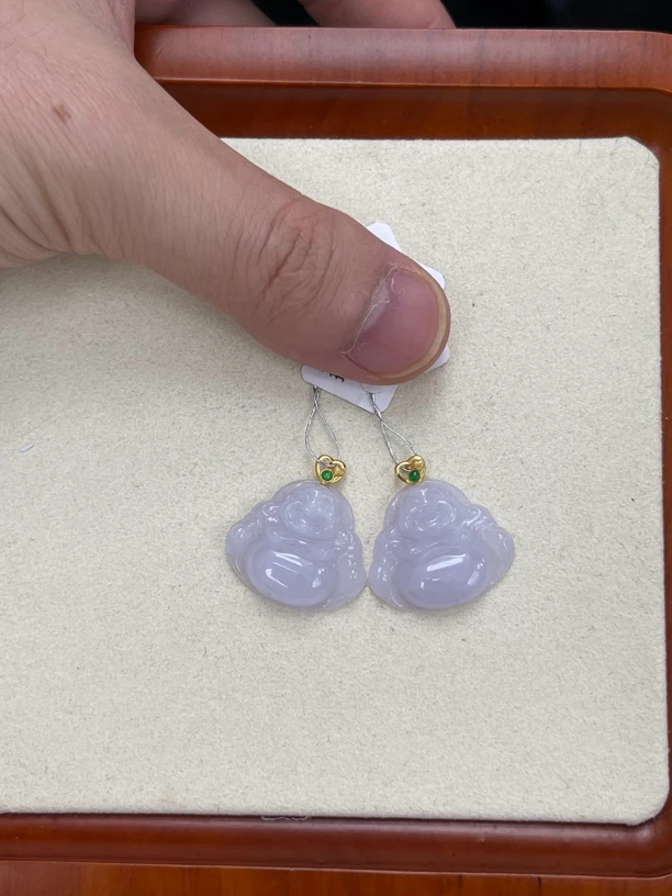 天然缅甸a货翡翠18k金爱心扣白冰带紫底佛公（多样性发其一）