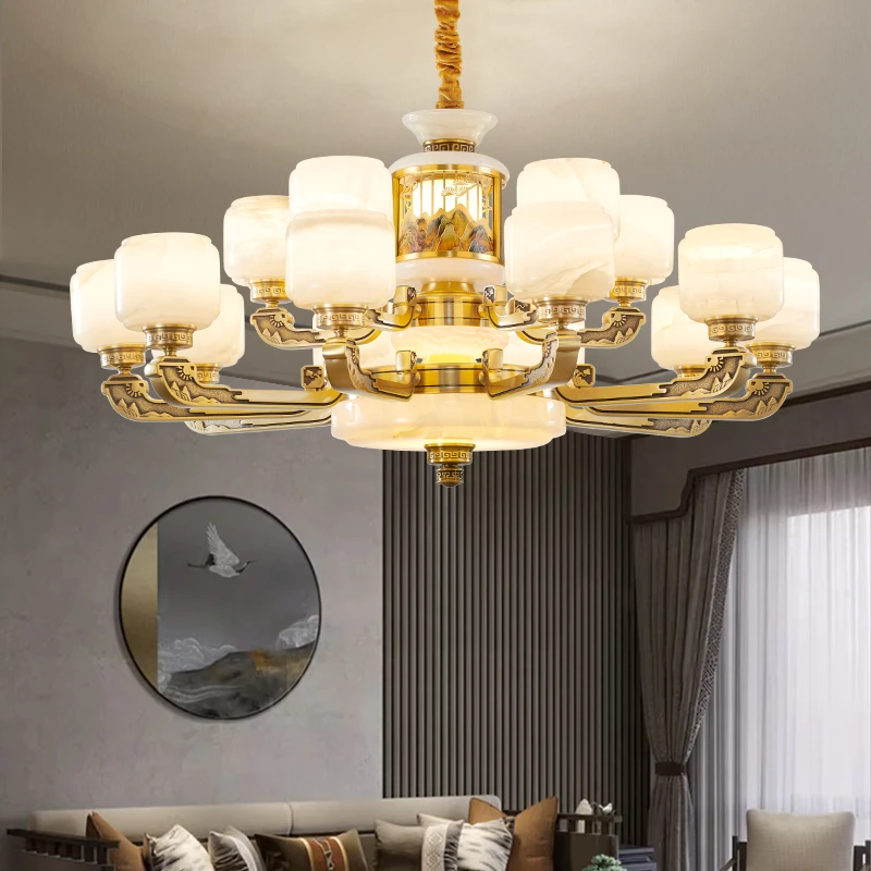 新款全铜玉石新中式客厅餐厅复式楼别墅全屋高端大气灯具吊灯