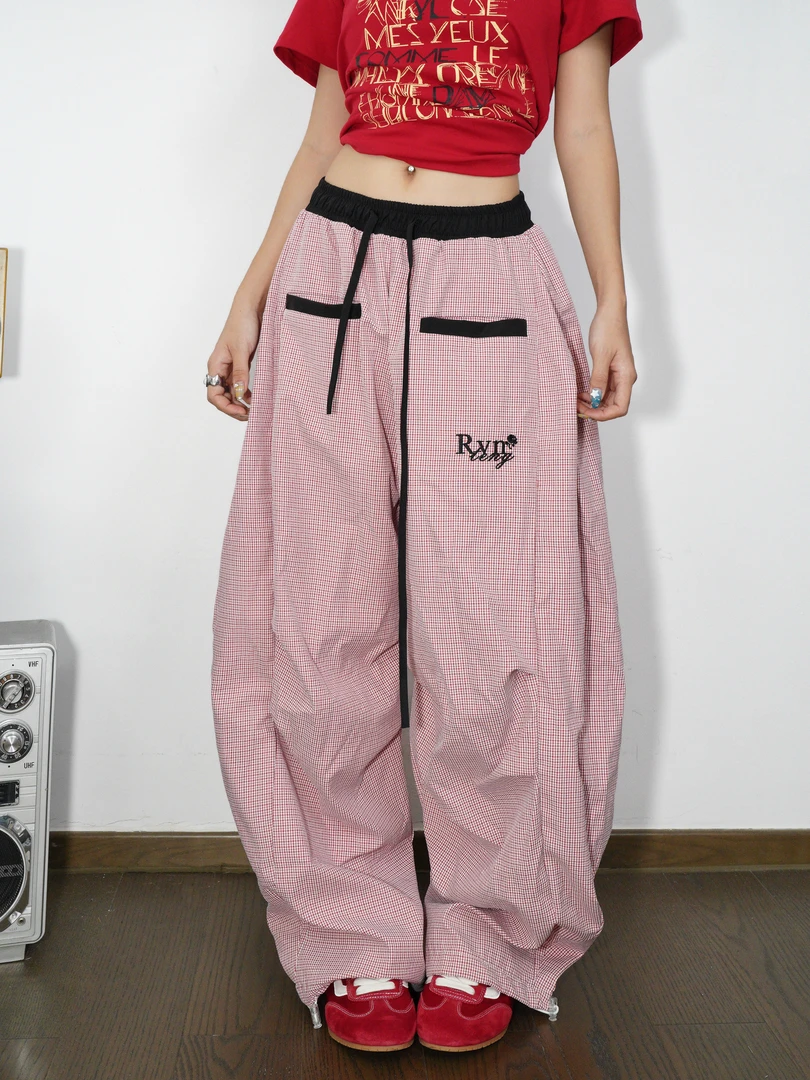 美式复古撞色条纹弯刀裤女夏季宽松垂感褶皱阔腿直筒休闲裤