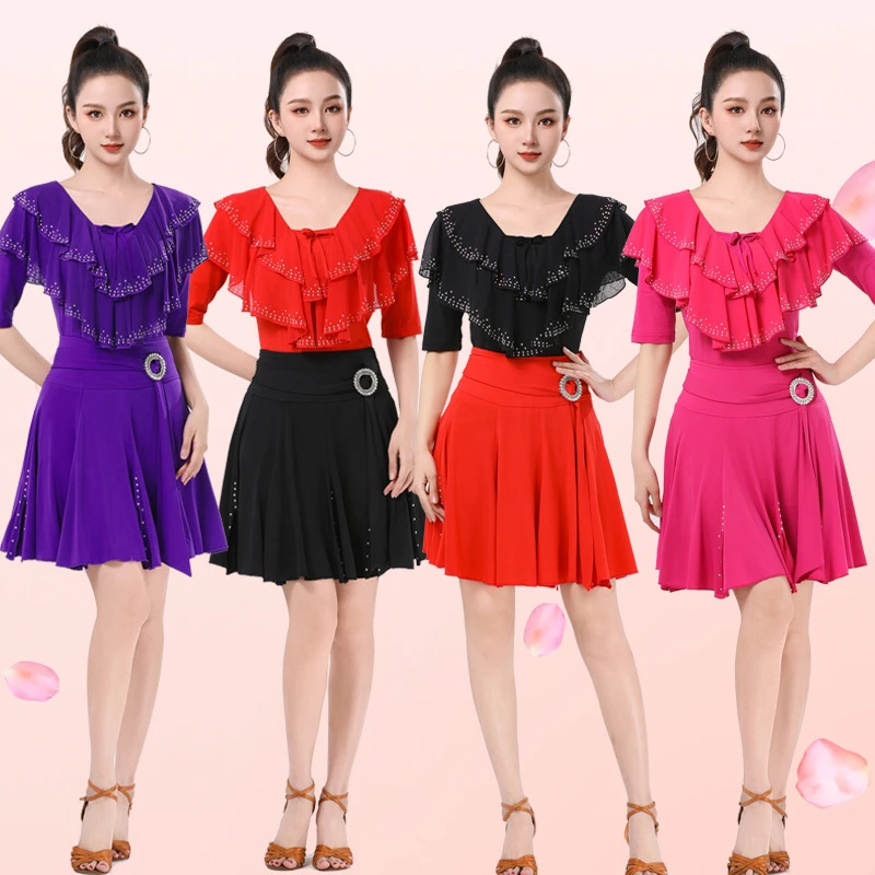 新款两件套舞裙荷叶边高端烫钻跳舞衣服广场拉丁交谊舞训练演出服