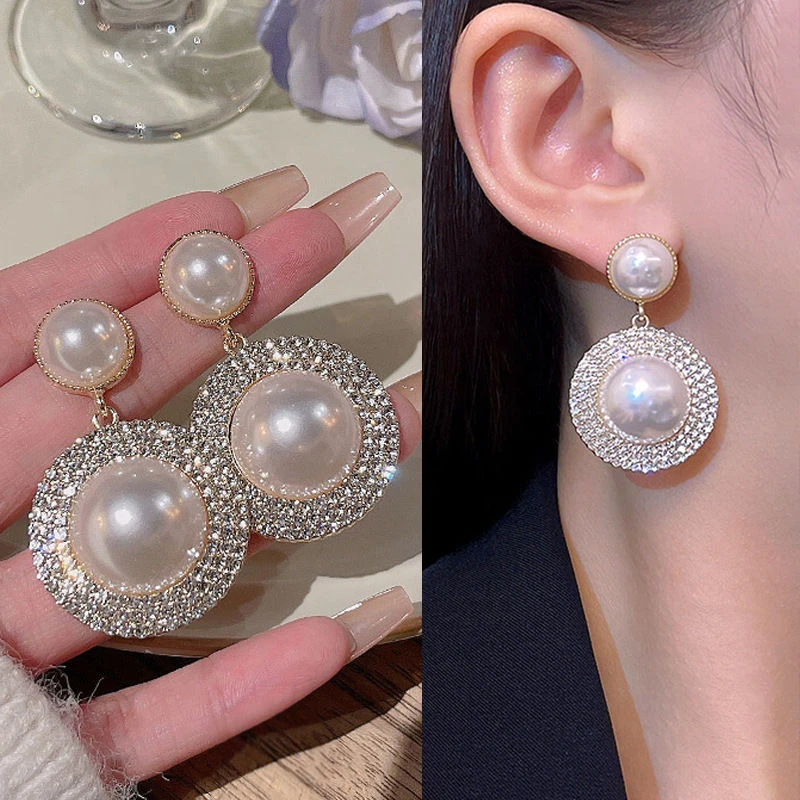 满钻珍珠耳环女欧美复古气质耳钉轻奢百搭圆形夸张耳饰