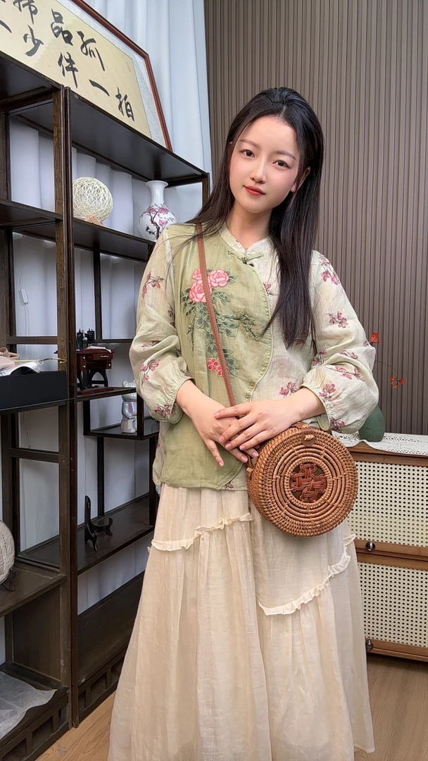 【只此青绿】新款新中式苎麻国风复古刺绣宽松立领盘扣衬衫女上衣