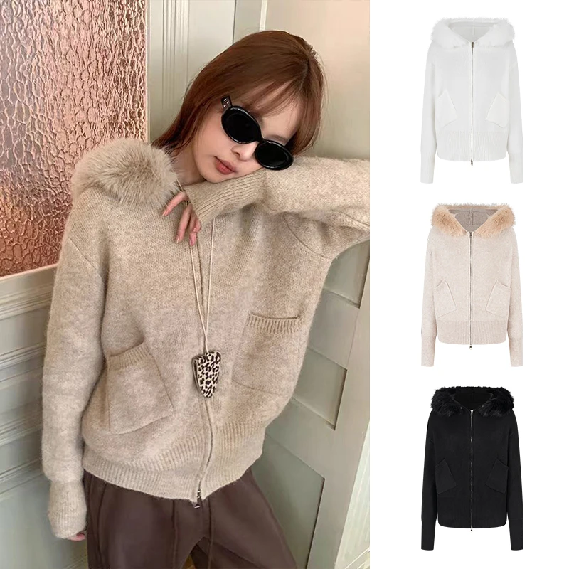 Moses Queen/魔西女王毛领宽松连帽针织开衫女双拉链口袋毛衣外套