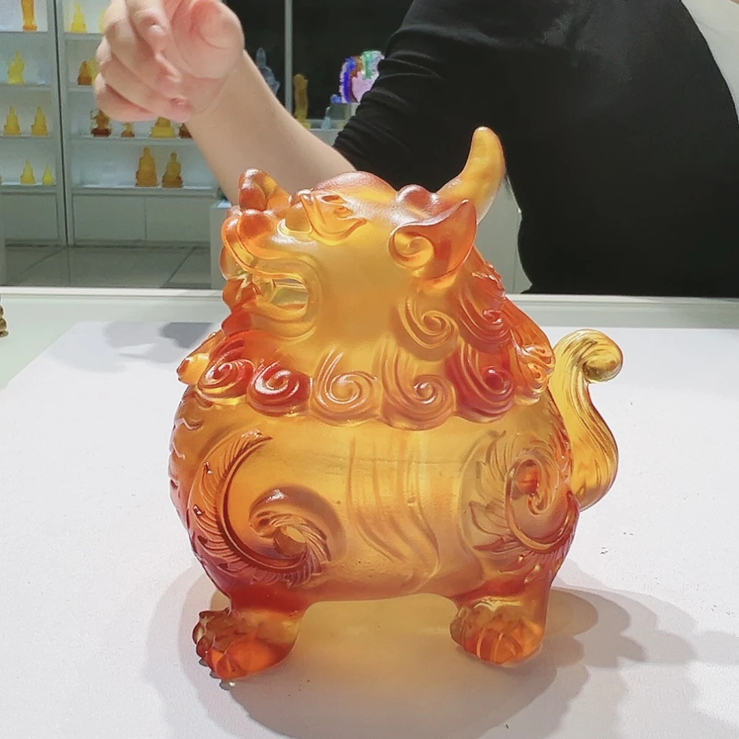 【闪购商品】手工艺品琉璃琥珀色狻猊香炉中号