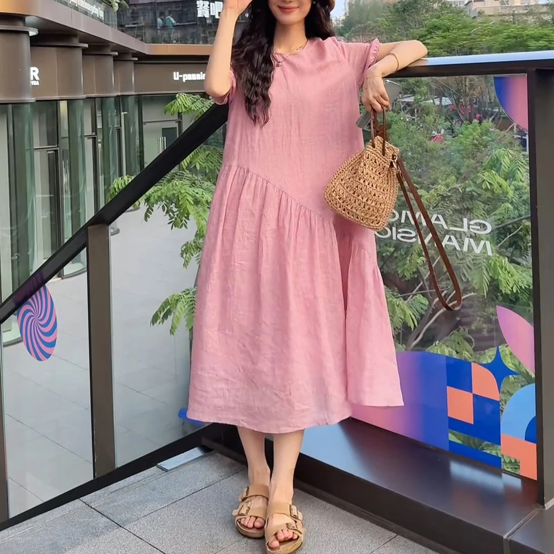 宽松显瘦拼接纯色中长款裙2025夏季新款时尚韩版泡泡袖连衣裙女款