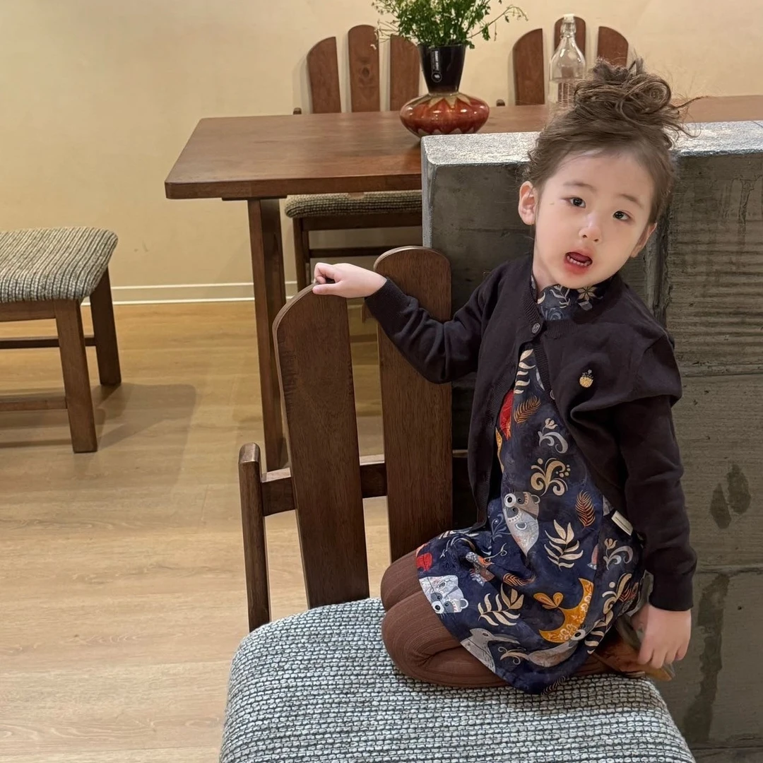 小思家女童2025秋季新款韩版洋气碎花小立领旗袍裙针织开衫套装