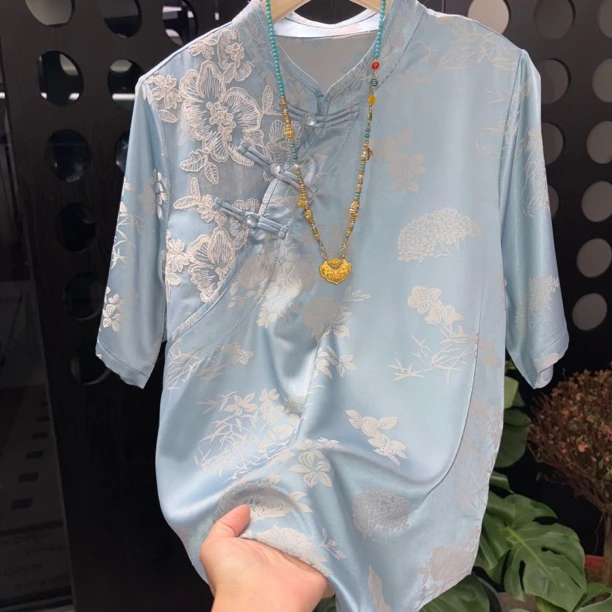 “云水间”上衣   双面滑垂坠小衫 刺绣高定款打底衫