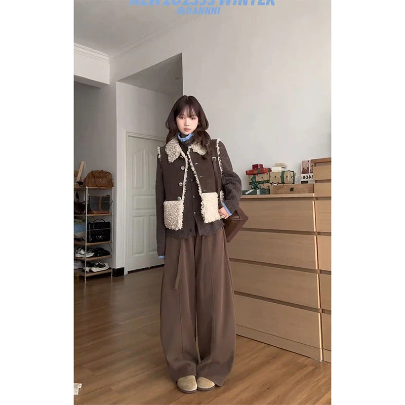 INS CEC美式复古翻领马甲背心叠穿打底衫女咖色休闲裤三件套装