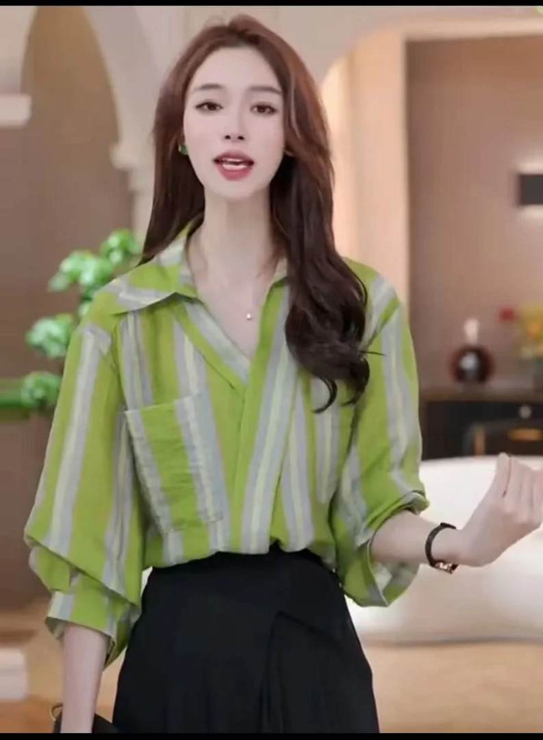 韩系复古撞色条纹七分袖衬衫女春夏新款慵懒风休闲宽松减龄上衣潮