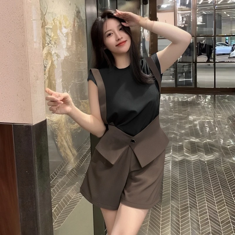 B【两件套】女夏季设计感拼接洋气上衣阔腿短裤干练气质两件套D2157