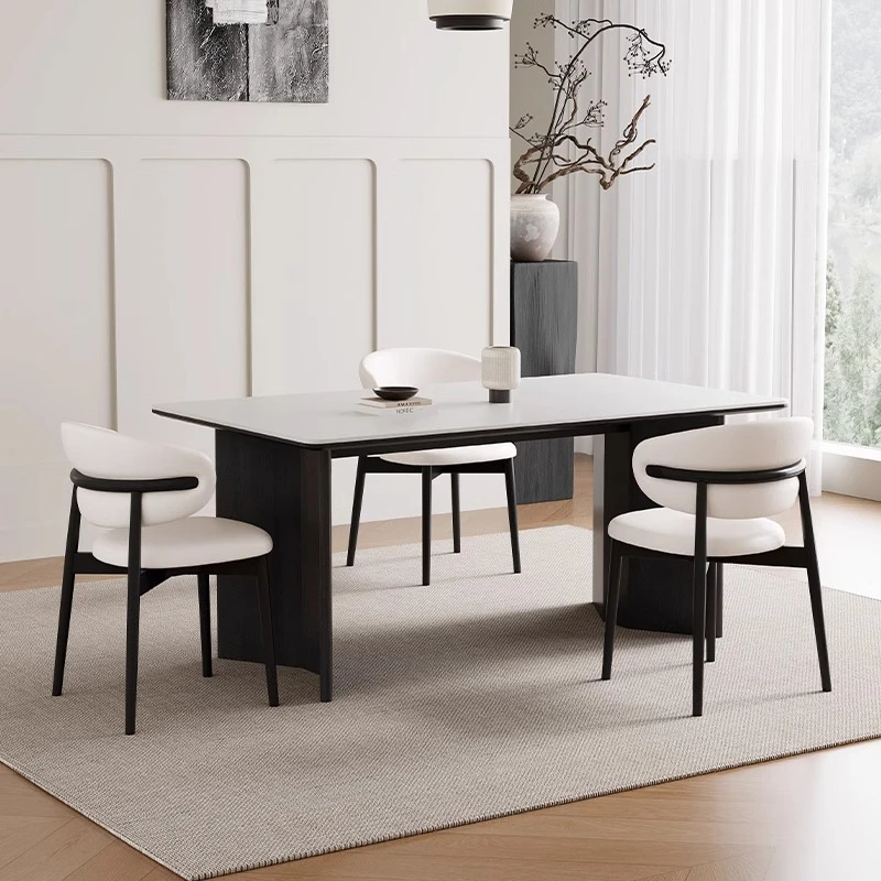 法式复古简约实木岩板家用网红现代白蜡木椅长方形组合椅子家用