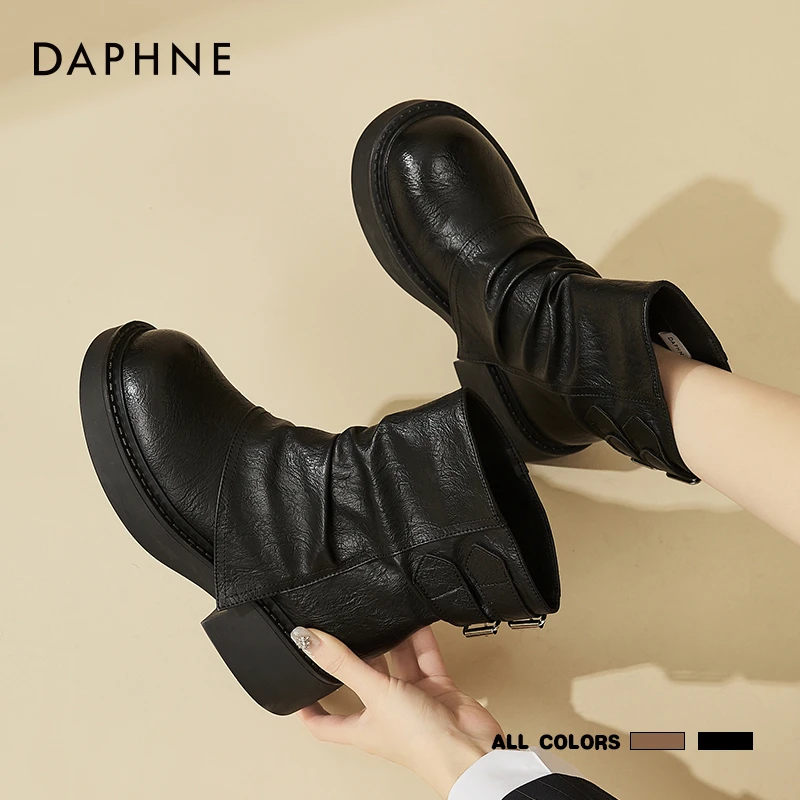 达芙妮复古马丁靴女冬季新款加绒堆堆靴高端百搭英伦风棕色短靴子