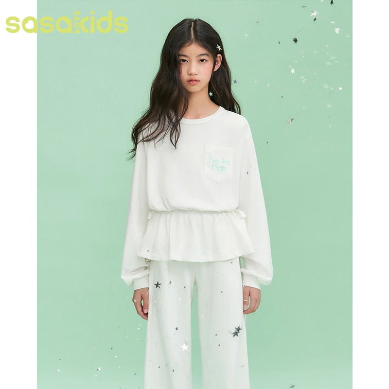 sasakids【cos小水母】亲肤全棉收腰蝴蝶结显瘦花瓣裙摆百搭T恤女童