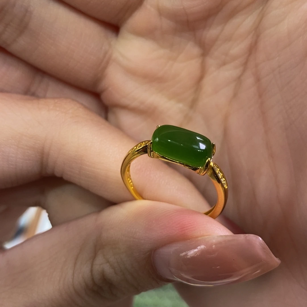 和田玉银S925镀金镶嵌手镯俄苹果绿戒指