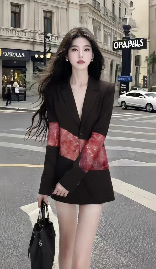 时尚通勤风褐色V领正肩长袖系扣设计感连衣裙小众高级感百搭女装