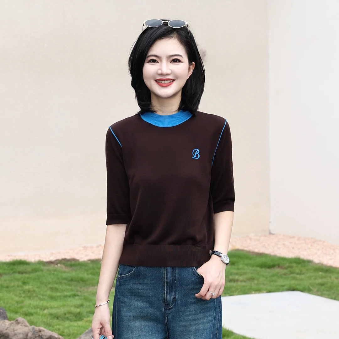 枫竺阿楠anan100莱赛尔气质撞色半高领刺绣针织衫女秋出游上衣