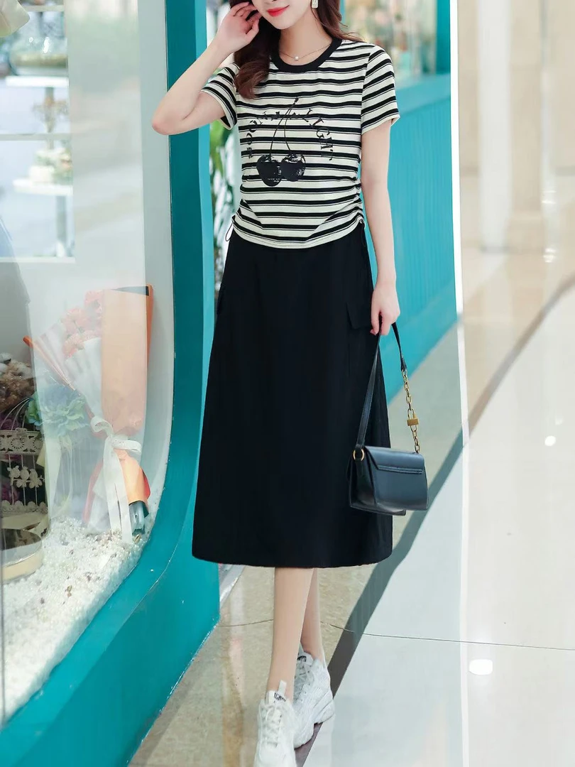 3318 夏季新款休闲条纹T恤+高腰工装半裙两件套套裙PML