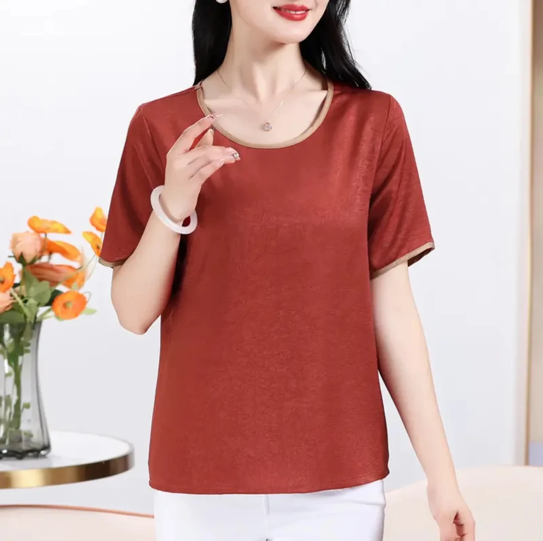 新款时尚春夏休闲薄款打底衫妈妈圆领国风缎面宽松短袖t恤