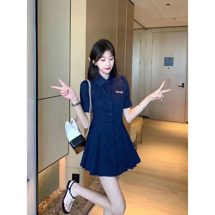畅销学院风翻领连衣裙显瘦夏季短袖收腰褶皱 高档气质排扣a字裙子