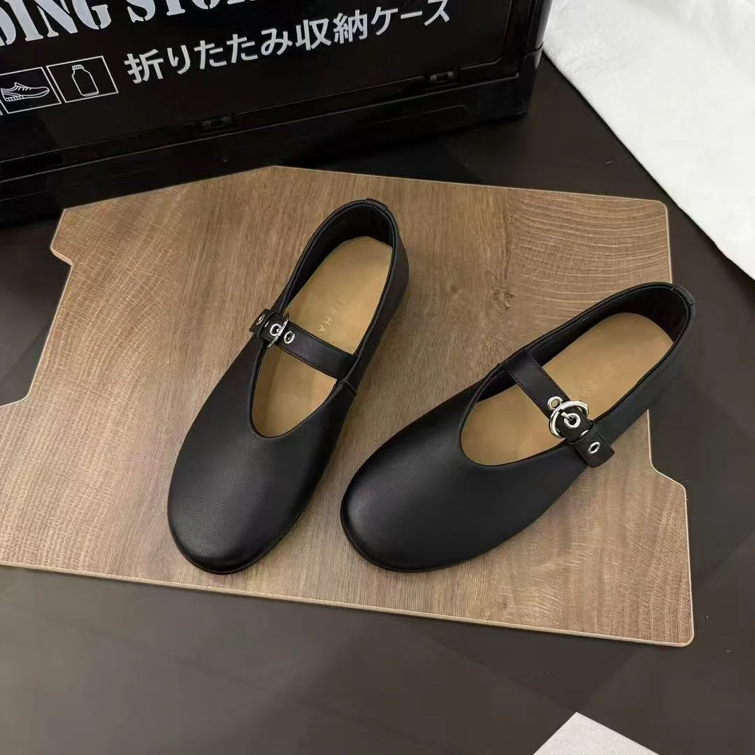 真皮浅口单鞋女2025复古一字带舒适平底奶奶鞋芭蕾舞时尚软底鞋
